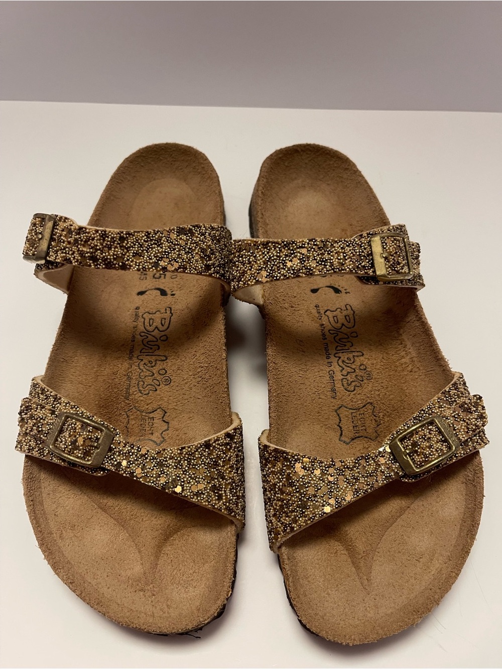 Birkis Sparkle Gold Two-Strap Adjustable Slide Sandals